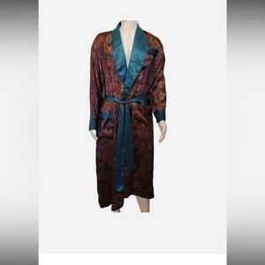 Number 1 London Teal-Trim Multicolor Paisley Men's Silky Smoking Jacket L/XL